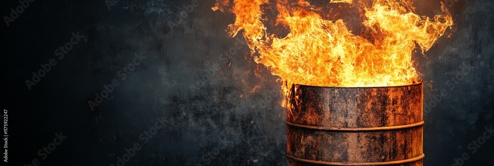 Poster large flames rising from a rusty metal barrel creating a dramatic scene against a dark textured back
