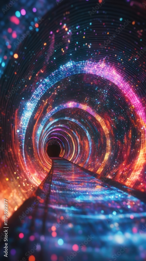 Poster abstract digital tunnel of light with vibrant colors and glittering particles creating a hypnotizing