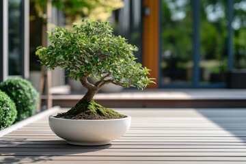 A single ceramic planter with a bonsai tree placed on a modern wooden deck