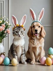 Golden retriever puppy and cat with easter bunny ears head band in elegant room decorated by flowers and easter eggs. happy easter with pets concept. 300dpi