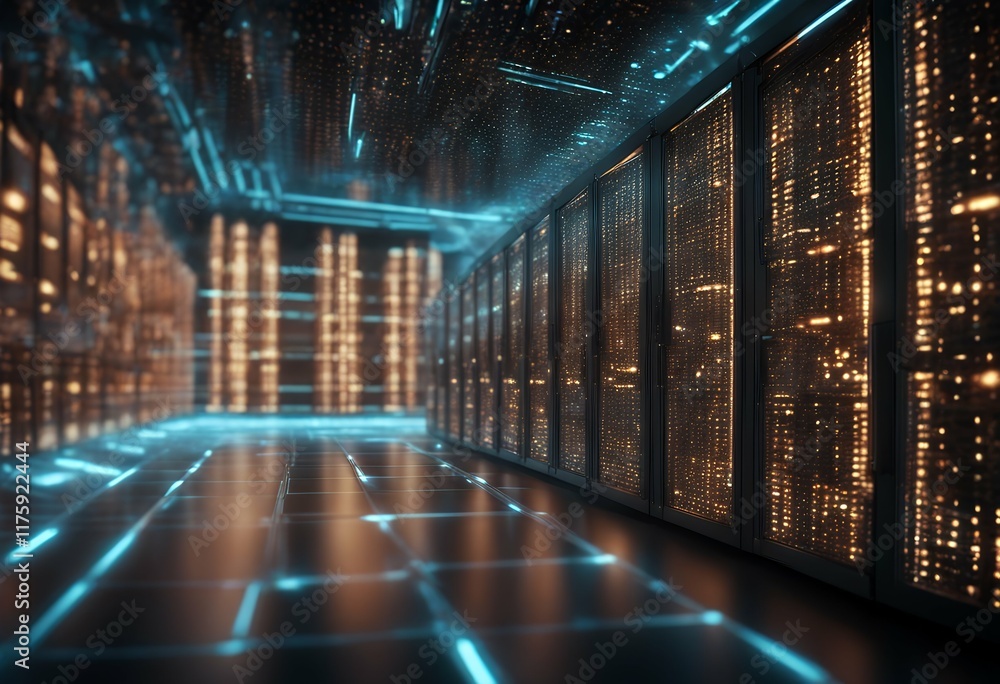 Poster glowing control holographic servers data center rows interface futuristic