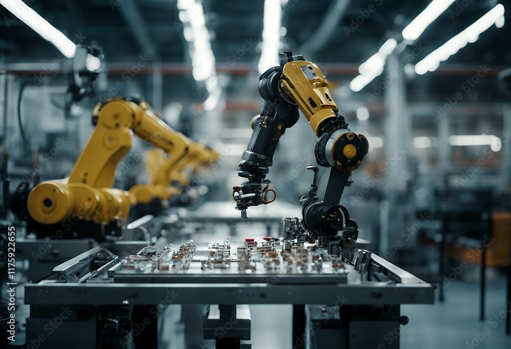 Poster driven ai arms factory assembly robots manufacturing automated aut revolution line