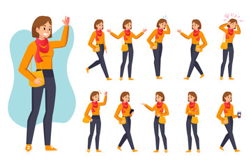Obraz premium Cartoon woman in casual outfit. Young female character in different poses and various gestures. Student girl holding a smartphone, carrying a shoulder bag. face expression vector set flat style