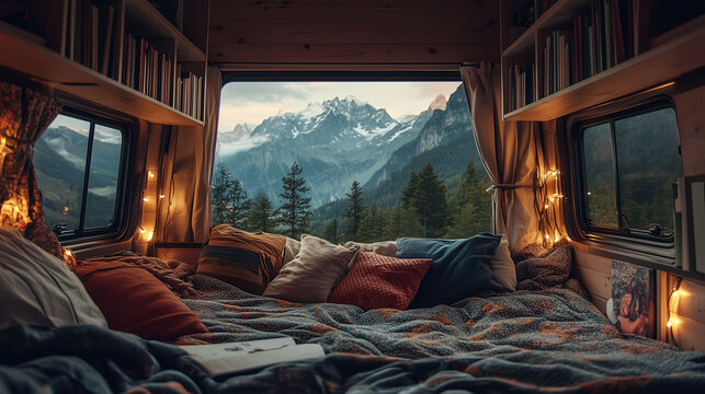 A loft bed in a camper van, surrounded by books, fairy lights, and a stunning mountain view through the window