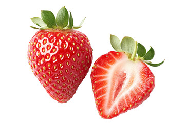 A fresh and juicy strawberry with green leaves isolated on white transparent background.