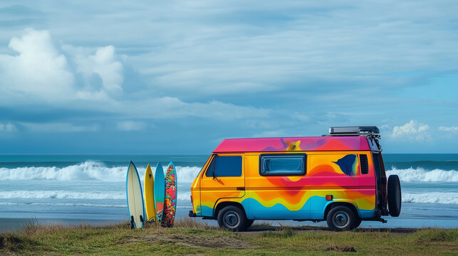 A brightly colored camper van parked on a beach, with surfboards leaning against it and the ocean waves crashing nearby
