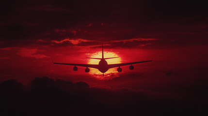 A silhouette of an airplane against a glowing red sunset, moments before landing