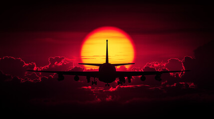 Obraz premium A silhouette of an airplane against a glowing red sunset, moments before landing