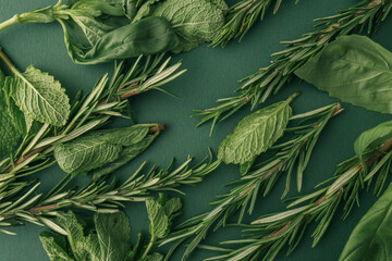 Flat lay of assorted fresh herbs including rosemary, basil, and mint scattered on a green textured...