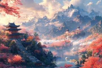 enchanting chinese-style fantasy art illustrating a mythical landscape with lush mountains, elegant pagodas, and whimsical creatures, capturing the essence of cultural mythology and artistry