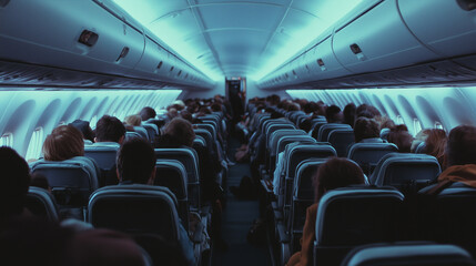 A view from the middle aisle of an airplane, showing rows of seats with passengers reading, napping, or chatting