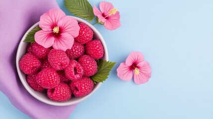 Fresh raspberries in a bowl with hibiscus flowers and green leaves, blue background, minimalistic fruit composition, vibrant and refreshing, healthy summer snack, copy space for text.

