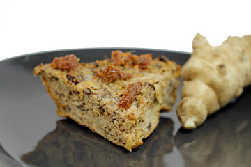 Vegetable frittata with Jerusalem artichokes, quail eggs and mushrooms
