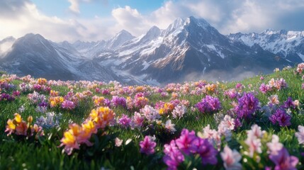 Fototapeta premium Vibrant wildflowers bloom in a lush alpine meadow with majestic snow-capped mountains in the background under a partly cloudy sky.