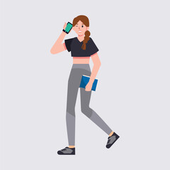 A business or student woman character in casual clothes. Cute girl calling someone by phone. Vector illustration in flat style
