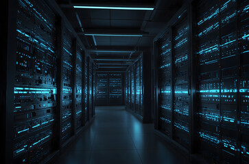 Fototapeta premium Modern data center with glowing blue servers