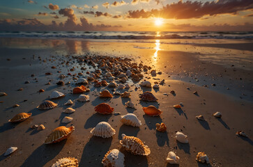Obraz premium Seashells scattered on beach at sunset with copy space
