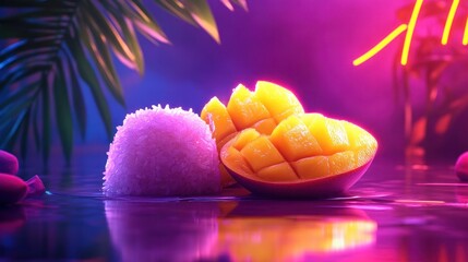 Luscious tropical fruits like mango and pineapple presented in a colorful bowl surrounded by palm leaves and a vibrant neon glow creating a captivating and appetizing display
