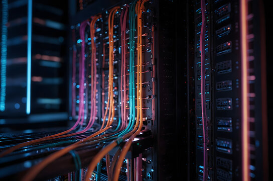 Close-up of server cables with neon lights in data center
