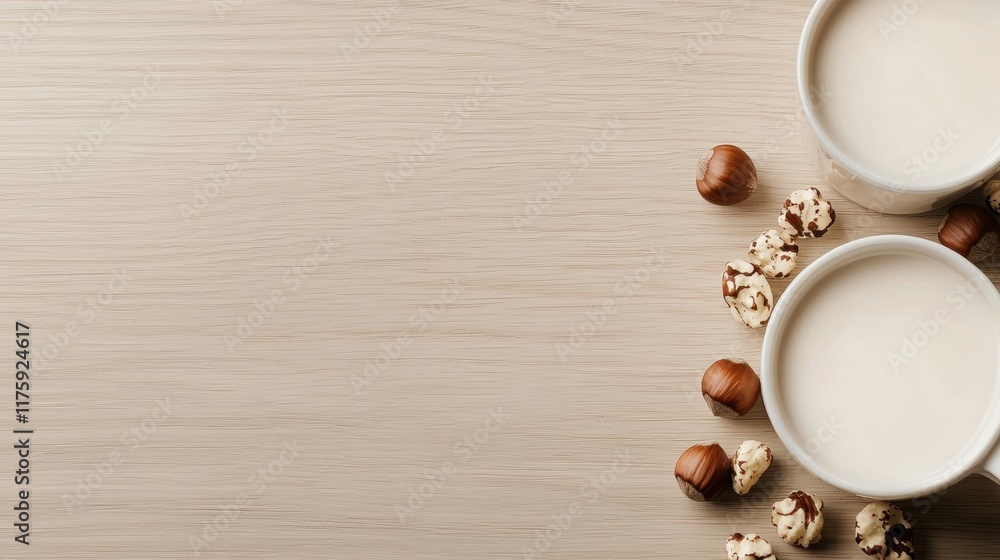 Poster flat lay of two white bowls on a light beige wooden surface. the bowls are empty and are placed side