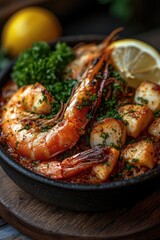 Flavorful Seafood Dish with Shrimp and Scallops Garnished with Lemon and Herbs