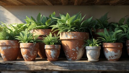 Obraz premium Terracotta pots with green plants on rustic wooden shelf