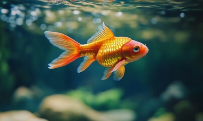 Single orange goldfish swimming gracefully in clear water, no distractions in the background, emphasizing its vivid colors,