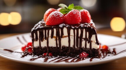 A luxurious chocolate dessert served in a fine dining restaurant