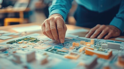 Architect Handcrafting Detailed Urban Model in Office Setting