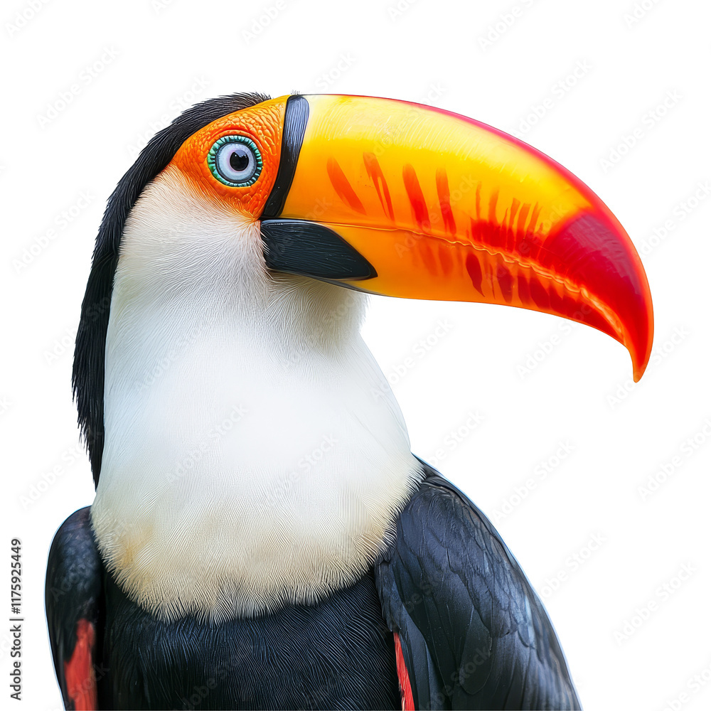 Poster brightly colored toucan showcasing vibrant beak against a clean transparent background, emphasizing 