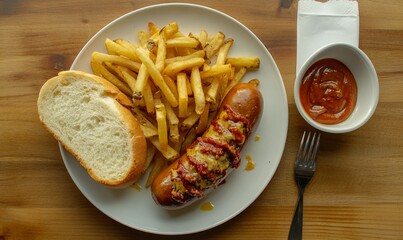 Currywurst with seasoned fries and fresh bread roll