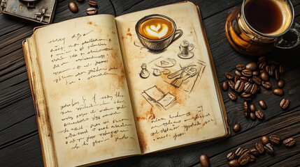 A coffee-stained notebook page with handwritten recipes and sketches
