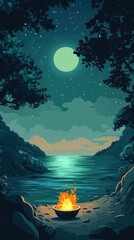 Enchanting Lakeside Campfire under the Starry Night Sky in Mystical Forest Landscape  Serene and tranquil outdoor adventure scene with a glowing campfire reflected in the still waters of a lake