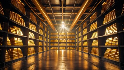 Stacks of gold bars in illuminated vault with industrial design