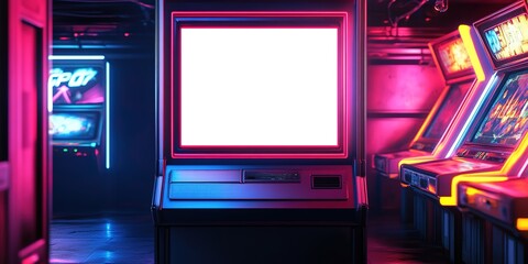 Neon-lit arcade with blank screen for classic gaming nostalgia