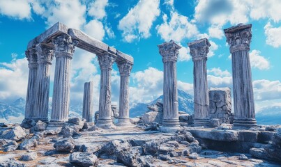 Ancient temple reconstruction with broken columns and blue sky