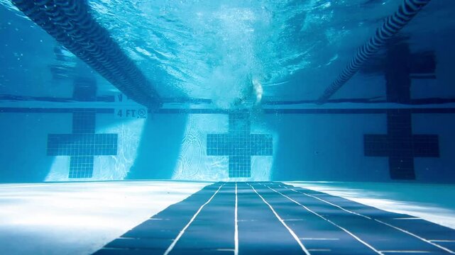 Underwater view of a man swimming laps in a pool and doing a flip turn