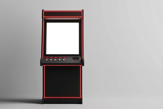 Red and black arcade machine with blank screen for design mockup