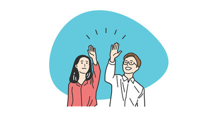 ハイタッチするオフィスカジュアルの男女