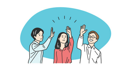 ハイタッチするオフィスカジュアルの男女