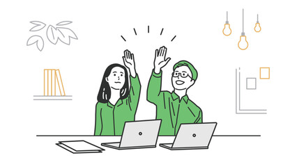 ハイタッチするオフィスカジュアルの男女