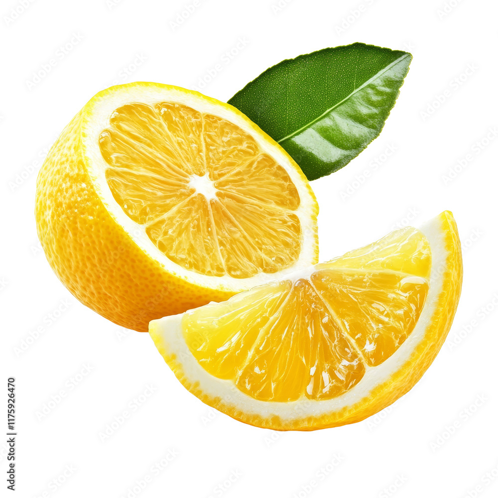 Poster fresh lemon and a cut half slice with a leaf isolated on a transparent background for culinary use o