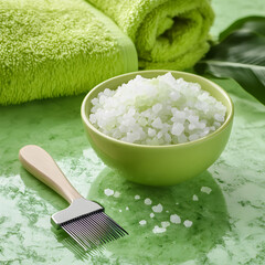spa bath salts in a bowl towels and brush on a marble green countertop 