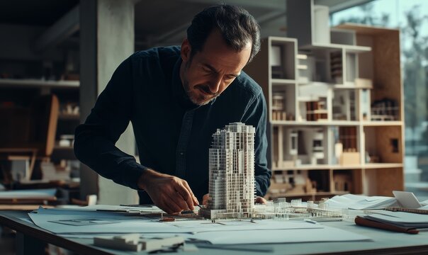 Architect inspecting a scale model of a skyscraper, modern studio with drawings and materials scattered around, thoughtful expression,