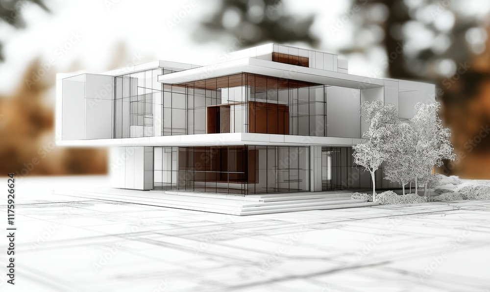 Poster architectural model of a modern building on design blueprints