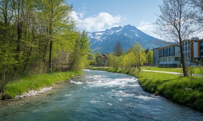 Ammer flowing through Ettaler Weidmoos nature reserve in spring
