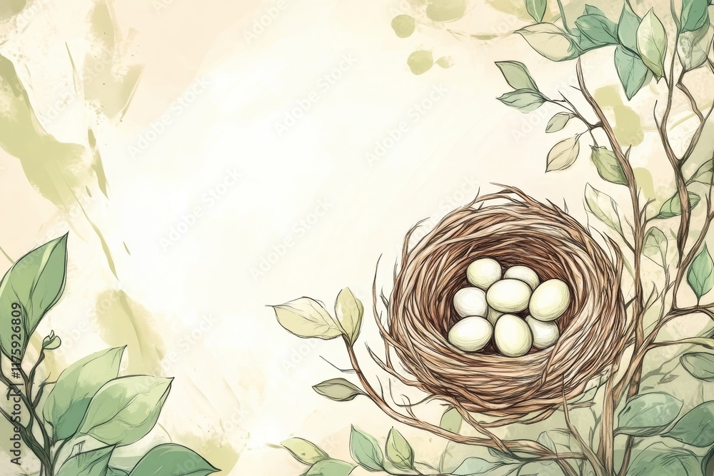Poster Doodle of a nest with eggs surrounded by leaves in a tranquil natural setting. Generative AI