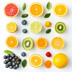Obraz premium Collage of fresh colorful fruits, representing healthy eating and a vibrant food concept on a white