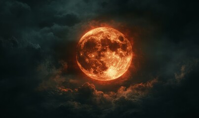 Obraz premium An atmospheric image of a full, fiery orange or red moon set against dark clouds and stormy weather, creating a mysterious night sky scene.