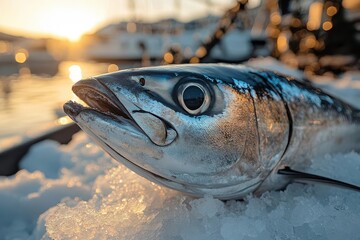 freshly caught tuna with a shimmering silver coat resting on a bed of crushed ice, surrounded by fishing gear on a sunny day